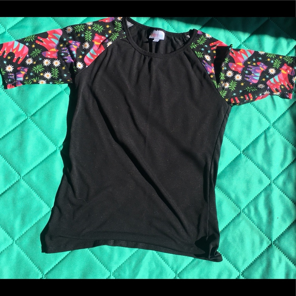 Lularoe Randy with multi colored zebra sleeves